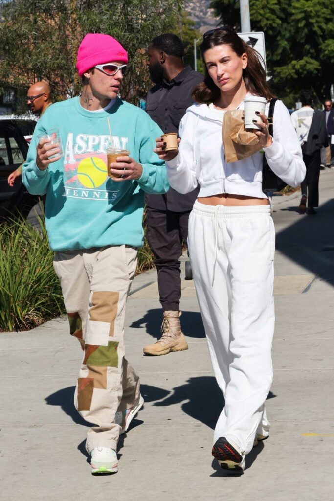 Hailey Bieber in a White Sweatpants