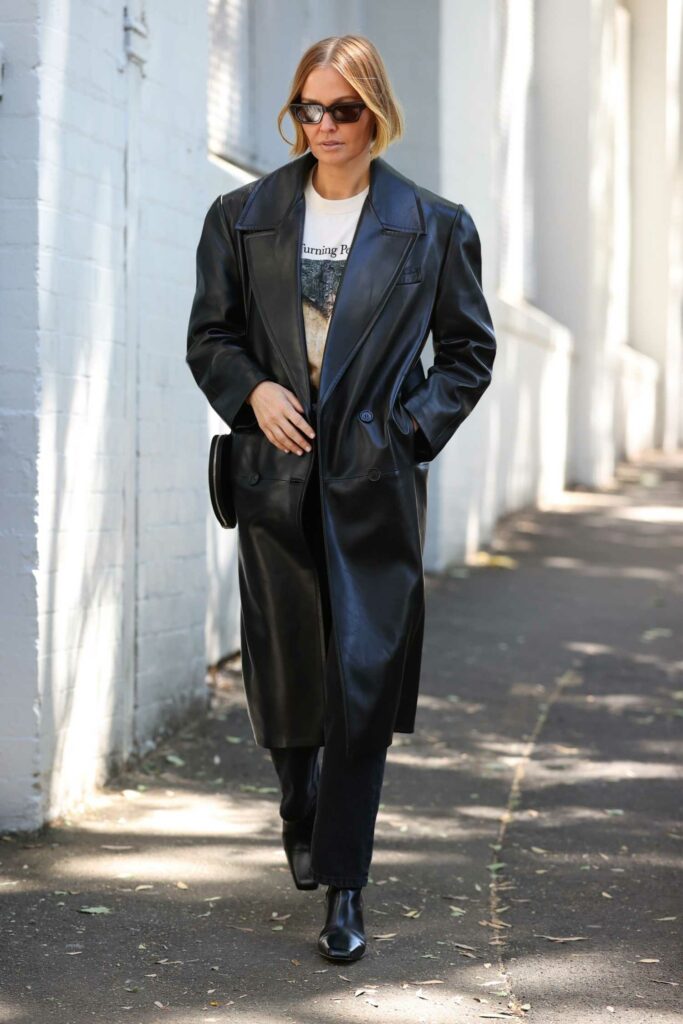 Lara Bingle in a Black Leather Coat