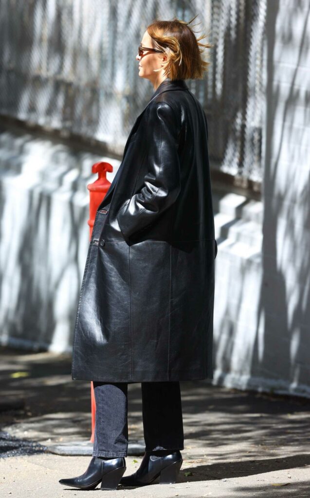 Lara Bingle in a Black Leather Coat