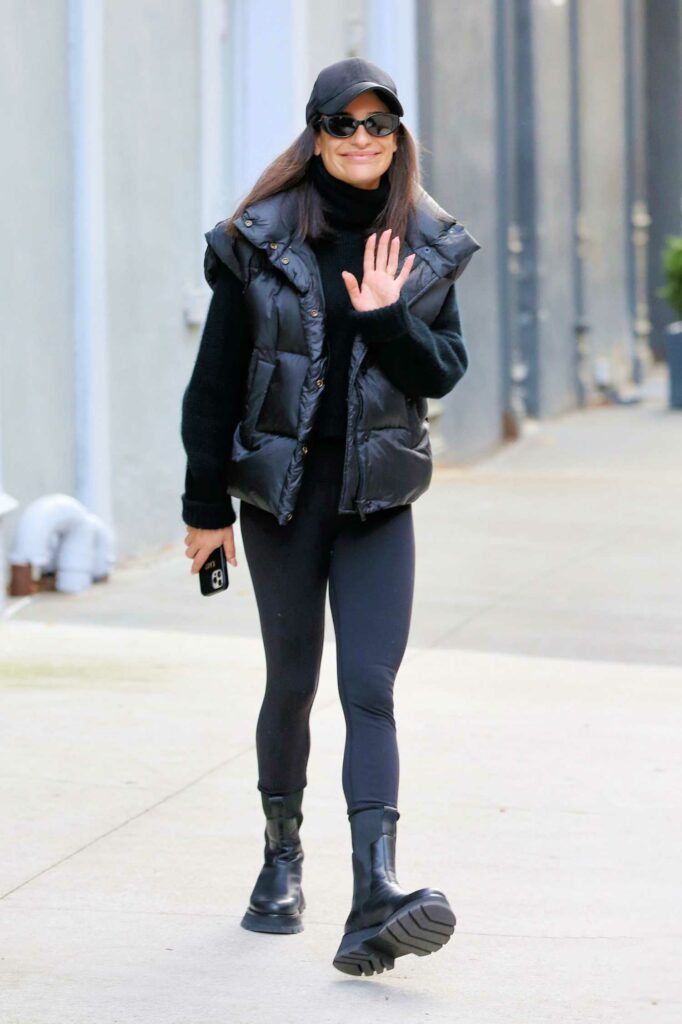 Lea Michele in a Black Puffer Vest