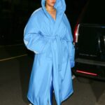 Rihanna in a Baby Blue Coat Arrives at the Giorgio Baldi Restaurant in Santa Monica