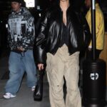 Hailey Bieber in a Black Leather Jacket Arrives at the Lakers Game at the Crypto.com Arena in Los Angeles