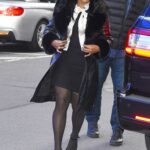 Mindy Kaling in a Black Leather Coat Arrives at Good Morning America New York City