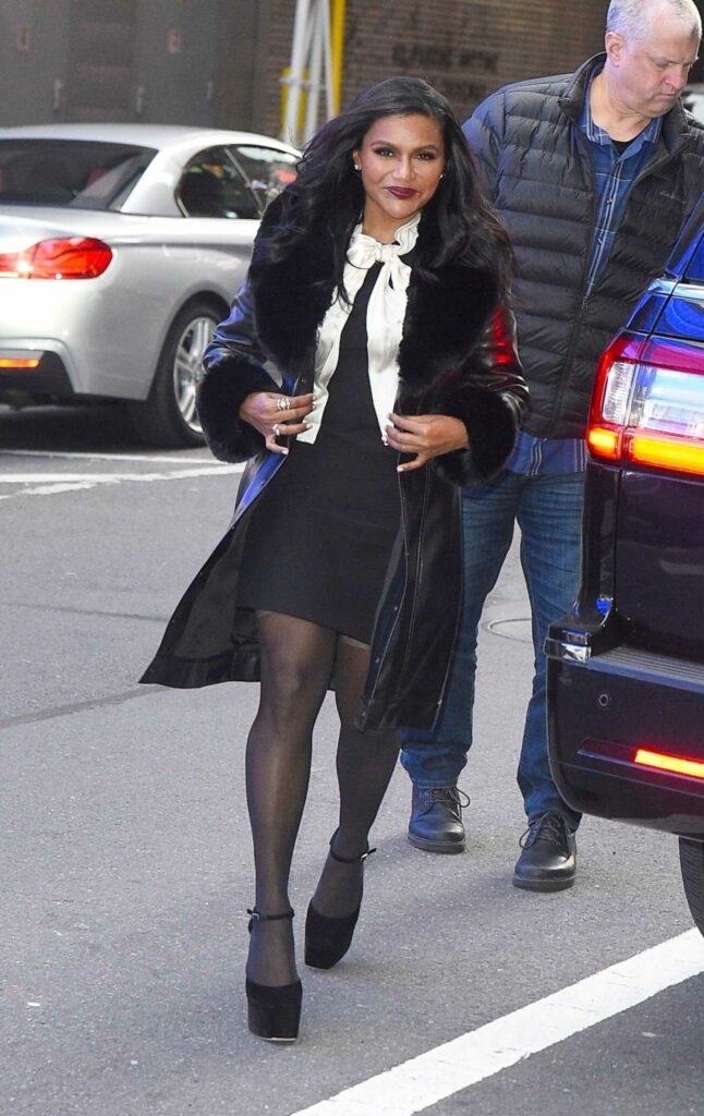 Mindy Kaling in a Black Leather Coat