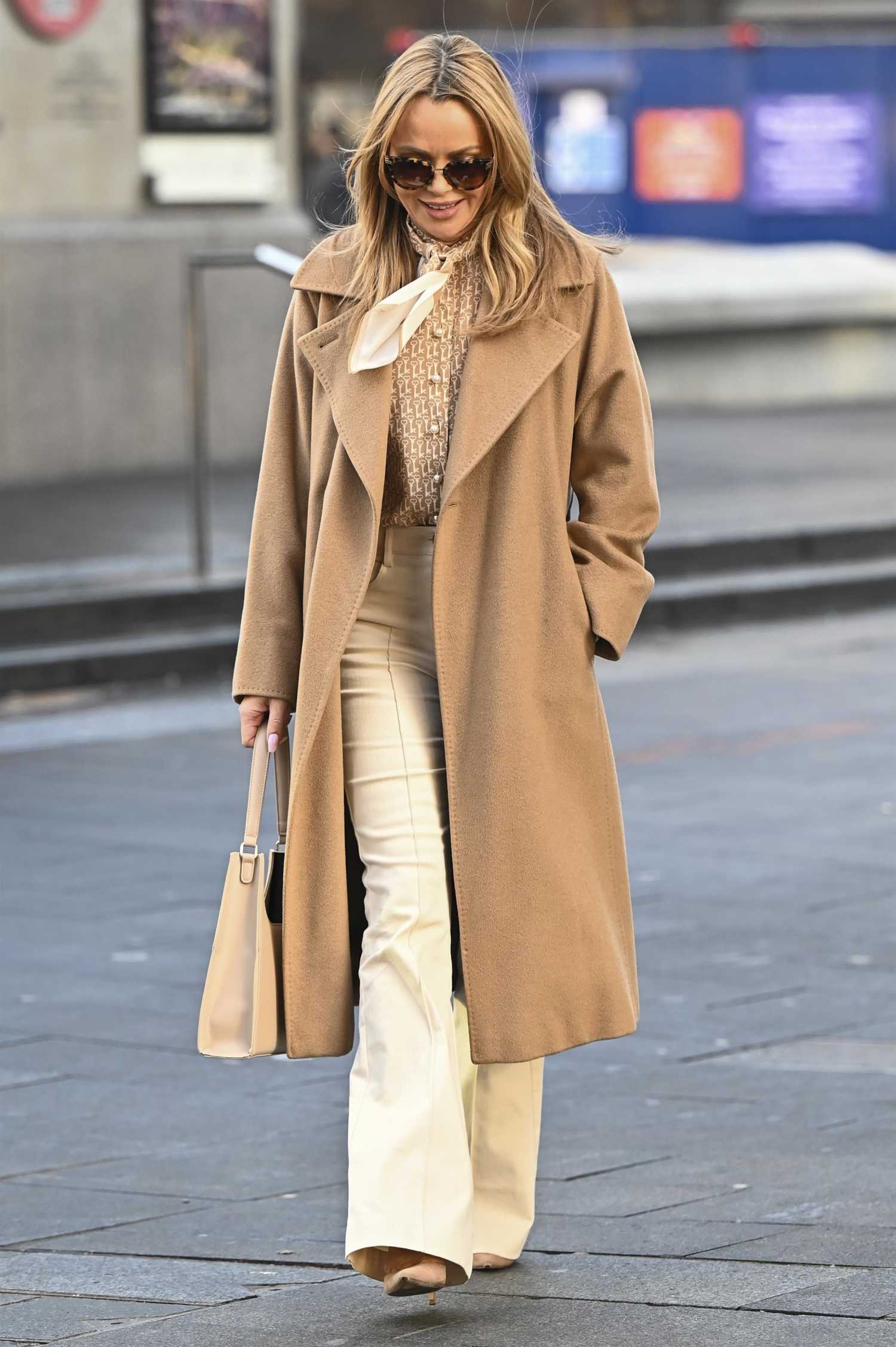 Amanda Holden in a Caramel Coloured Coat Leaves the Global Studios in