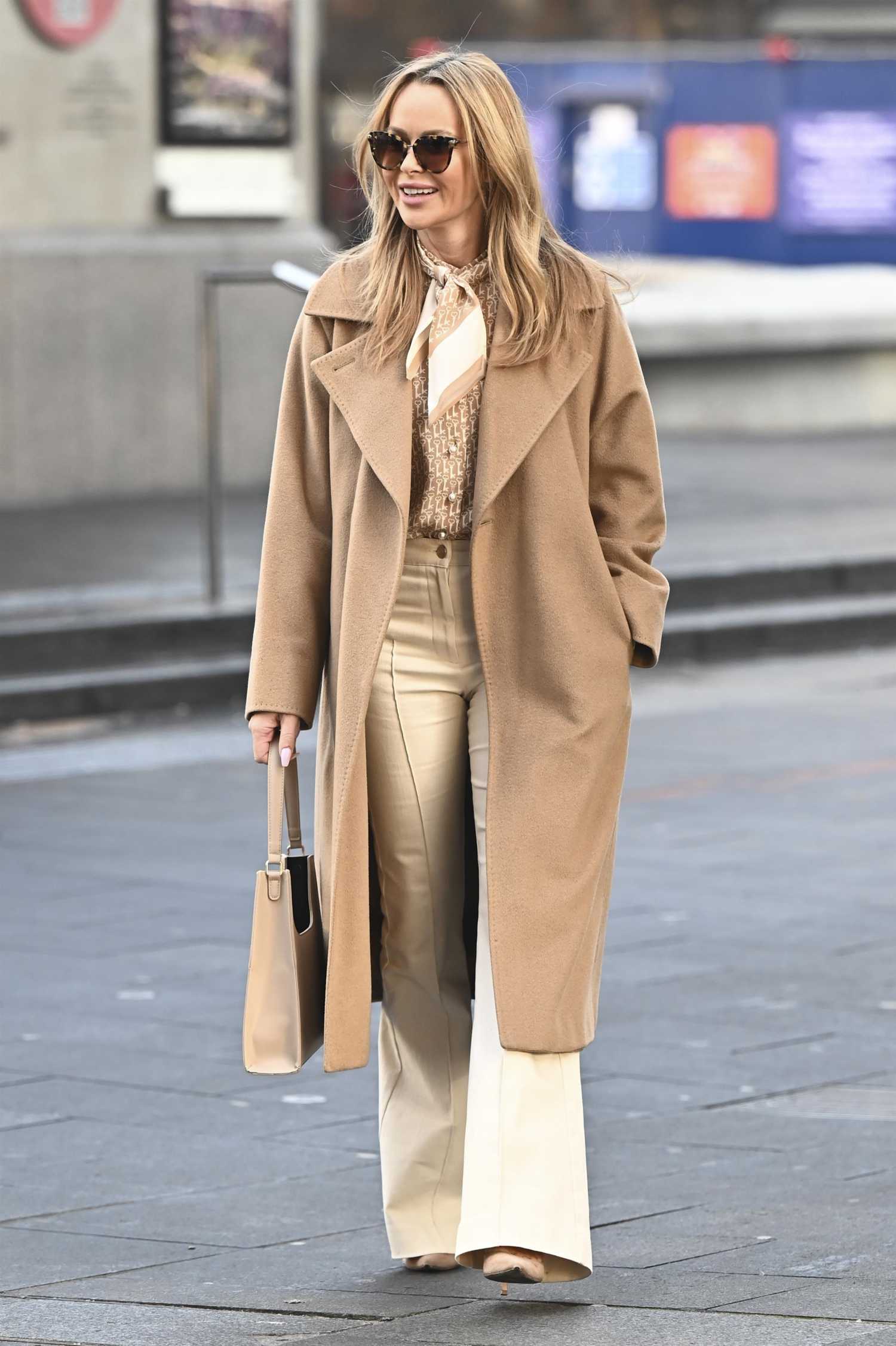 Amanda Holden in a Caramel Coloured Coat Leaves the Global Studios in