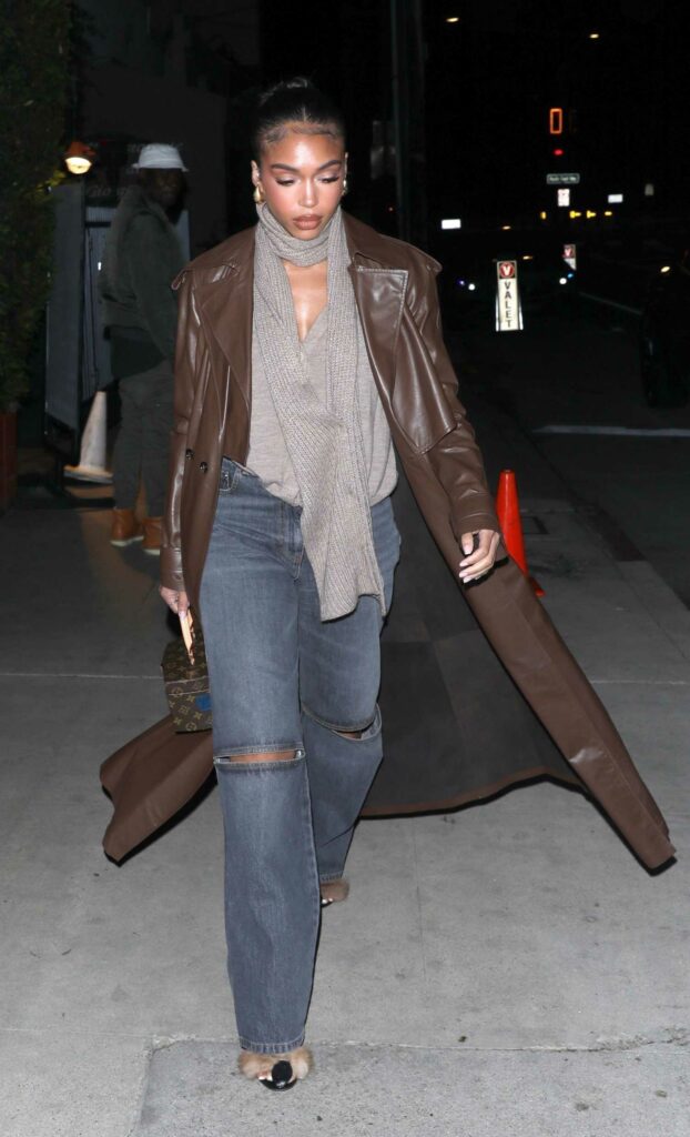 Lori Harvey in a Brown Leather Coat
