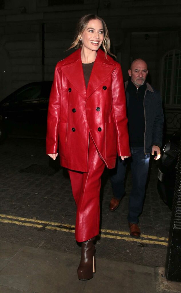 Margot Robbie in a Red Leather Pantsuit