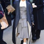 Tati Gabrielle in a Grey Dress Leaves Good Morning America in New York