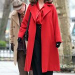 Diane Lane in a Red Coat on the Set of Feud: Capote’s Women in New York City