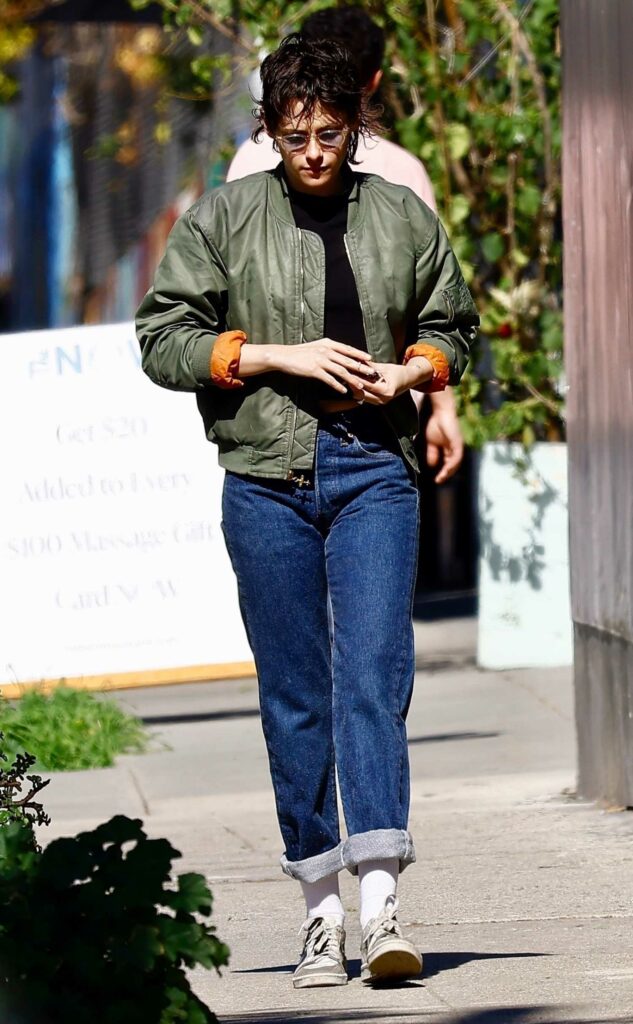 Kristen Stewart in an Olive Bomber Jacket