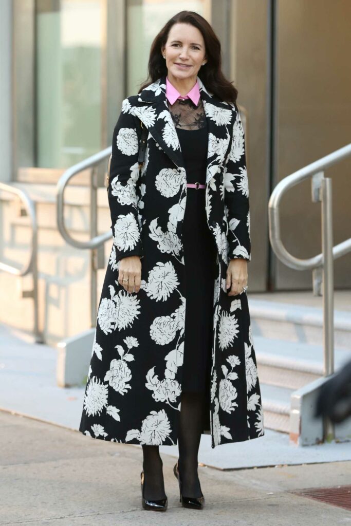 Kristin Davis in a Black Floral Print Coat