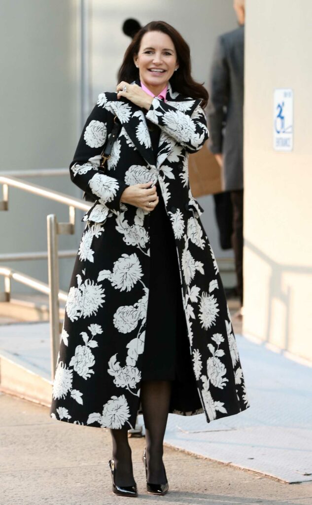 Kristin Davis in a Black Floral Print Coat