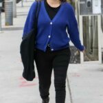 Alicia Silverstone in a Blue Cardigan Arrives at a Vegan Restaurant in Los Angeles