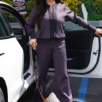 Keyla Wood in a Purple Tracksuit Brings Her Dog Outside Coffee Bean in Studio City