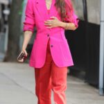 Zoe Saldana in a Pink Blazer while Filming a Stella Artois Beer Commercial in New York