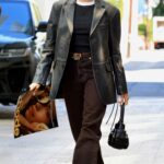 Hailey Bieber in a Black Leather Blazer Leaves Rhode’s Office in Beverly Hills