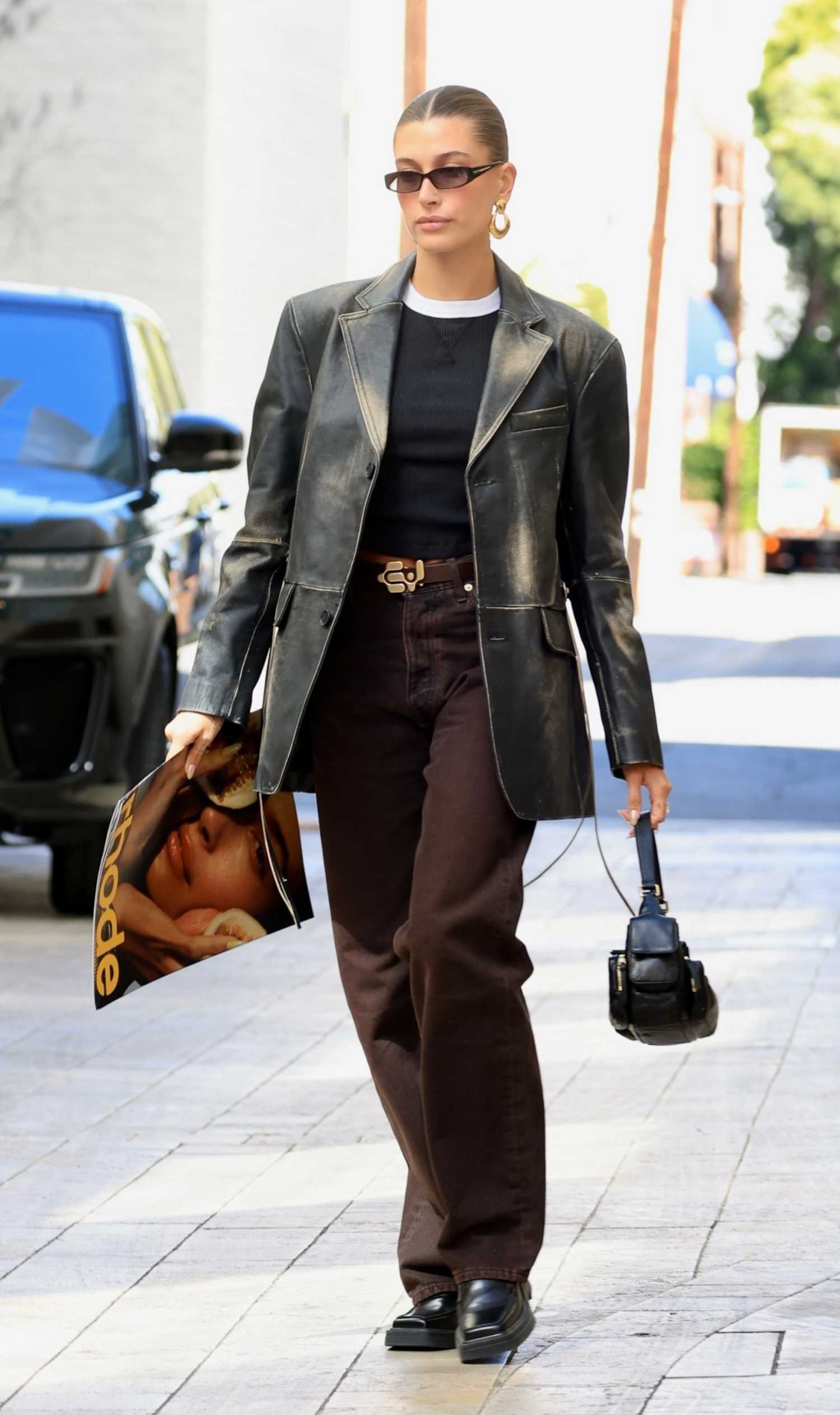 Hailey Bieber in a Black Leather Blazer Leaves Rhode’s Office in