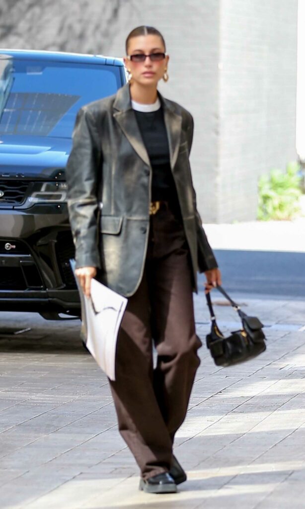 Hailey Bieber in a Black Leather Blazer