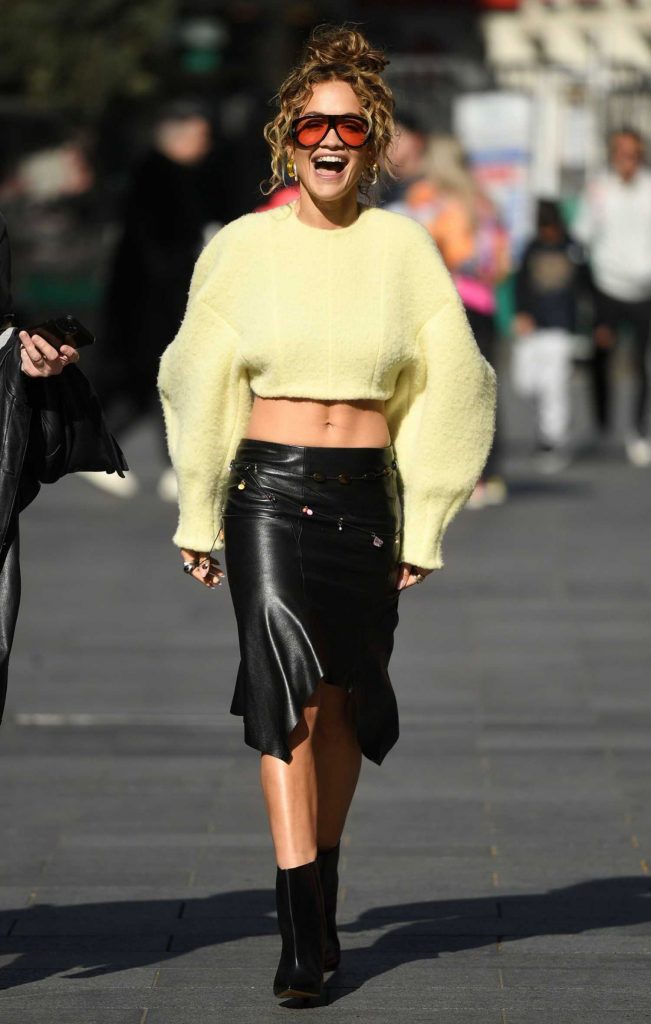 Rita Ora in a Black Leather Skirt