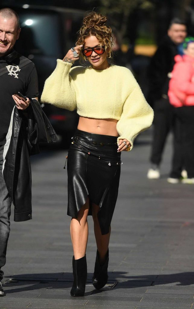 Rita Ora in a Black Leather Skirt