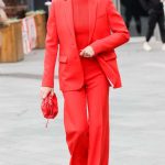 Amanda Holden in a Red Pantsuit Leaves the Heart Breakfast Show in London