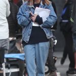 Chloe Bennet in a Denim Suit on the Set of Interior Chinatown in Downtown in Los Angeles