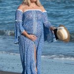 Danielle Armstrong in a Blue Dress on the Beach in Marbella