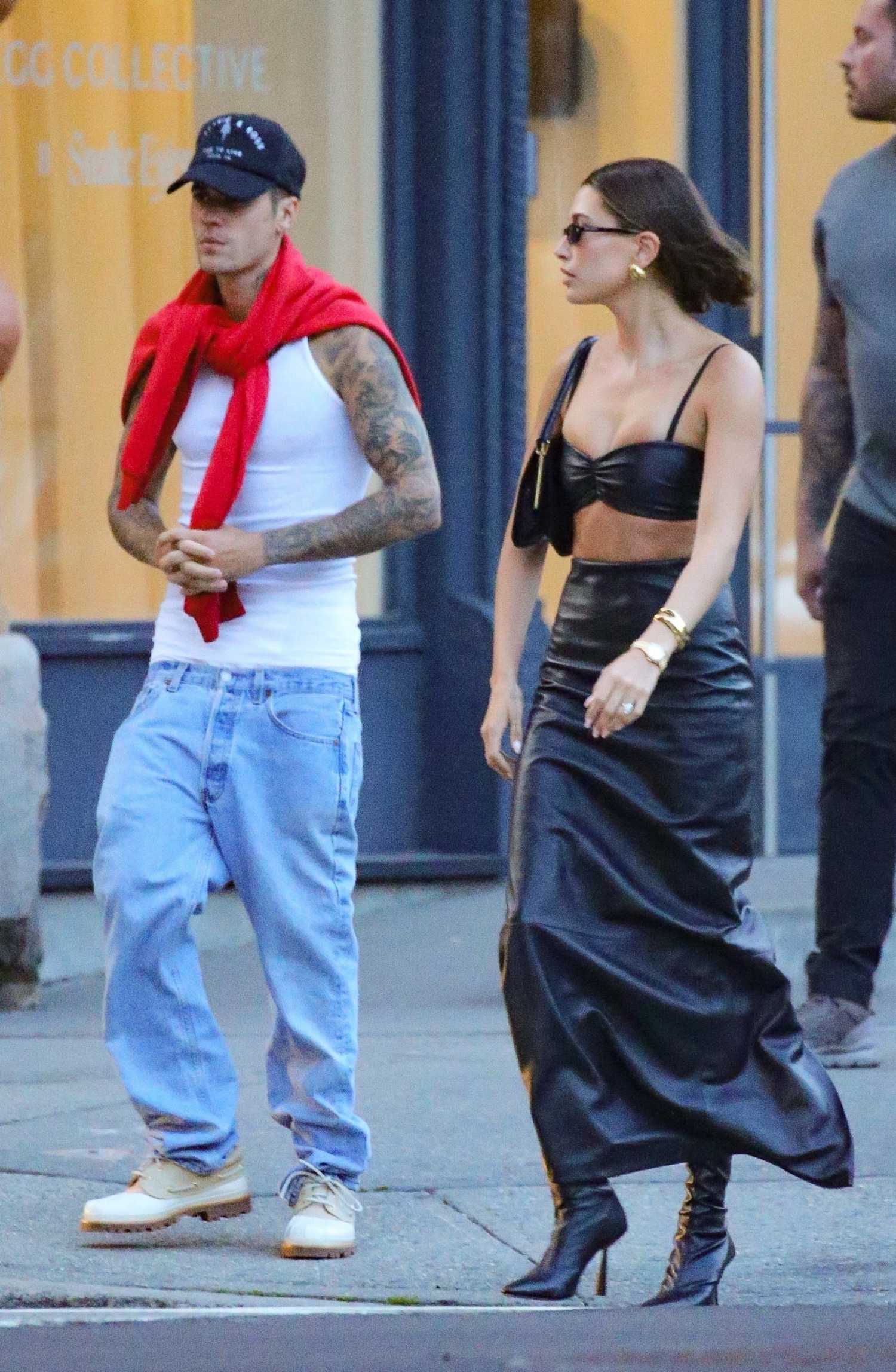 Hailey Bieber In A Black Bra Heads Out For A Dinner Date With Justin Bieber In Tribeca In New