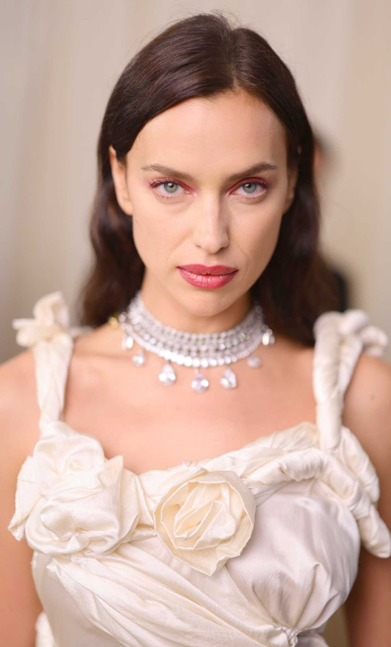 Irina Shayk 2023 Met Gala Ivory Silky Satin Sleeveless A-Line Dress