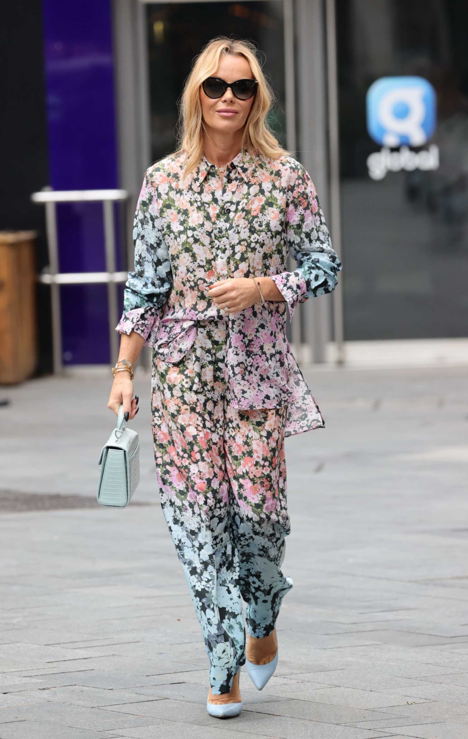 Amanda Holden in a Floral Trouser Suit Leaves the Heart Breakfast Show