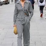 Ashley Roberts in a Striped Monochrome Pantsuit Leaves the Heart Breakfast Show in London