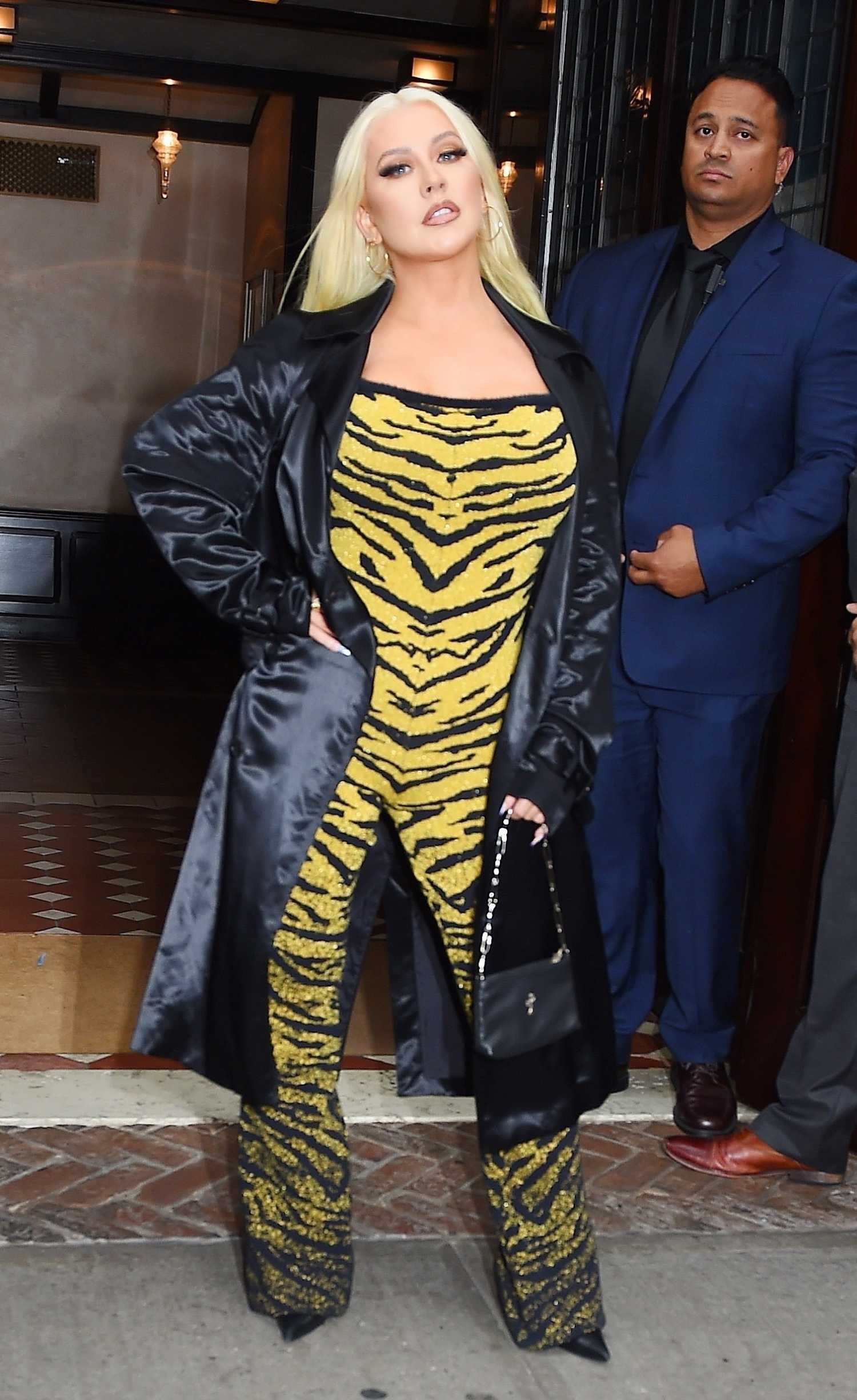 Christina Aguilera in a Yellow Animal Print Catsuit Exits The Greenwich ...