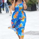 Myleene Klass in a Blue Floral Dress Arrives at the Smooth Rradio in London