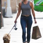 Amy Robach in a Grey Tank Top Steps Out with Her Dog in New York
