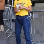 Alex Jones in a Yellow Tee Steps Out of the BBC Studios in London