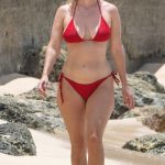 Alice Eve in a Red Bikini on the Beach in Barbados