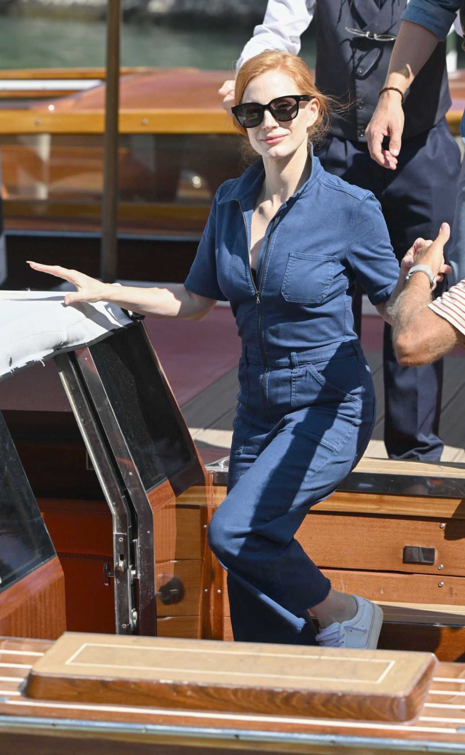 Jessica Chastain in a Denim Jumpsuit Leaves the Hotel Excelsior During
