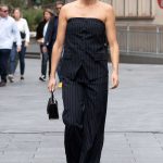 Ashley Roberts in a Black Striped Pantsuit Leaves the Global Radio Studios in London