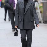 Ashley Roberts in a Grey Pantsuit Leaves the Global Radio Studios in London