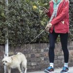 Kate Lawler in a Red Jacket Walks Her Pet Pooch Shirley in London