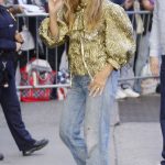 Marisa Tomei in a Gold Blouse Arrives at the Good Morning America Show in New York