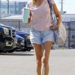 Mira Sorvino in a Pink Tee Arrives at the Dancing with the Stars Rehearsal Studio in Los Angeles