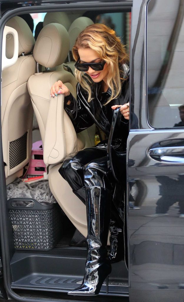 Rita Ora in a Black Leather Coat