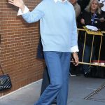 Uma Thurman in a Baby Blue Sweater Arrives at The View in New York