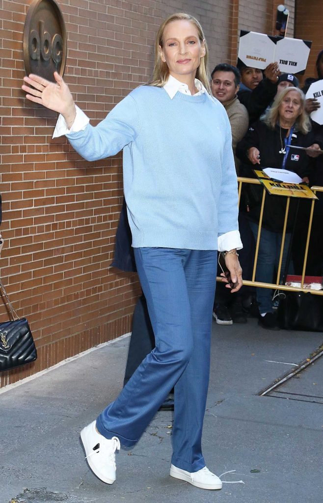 Uma Thurman in a Baby Blue Sweater