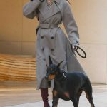 Kendall Jenner in a Grey Trench Coat Walks Her Doberman in Beverly Hills