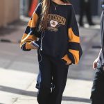Madison Beer in a Blue and Yellow Oversized Sweatshirt Arrives at Jimmy Kimmel Live! in Hollywood