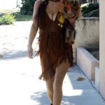 Phoebe Price in a Brown Dress Walks Her Dog in Los Angeles
