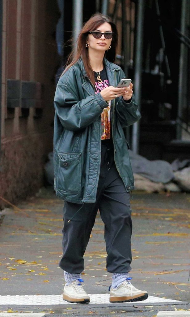 Emily Ratajkowski in a Green Leather Jacket